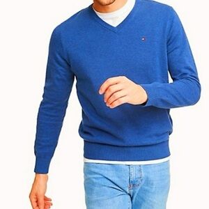 Tommy Hilfiger Blue Cotton Classic V Neck Sweater Size L